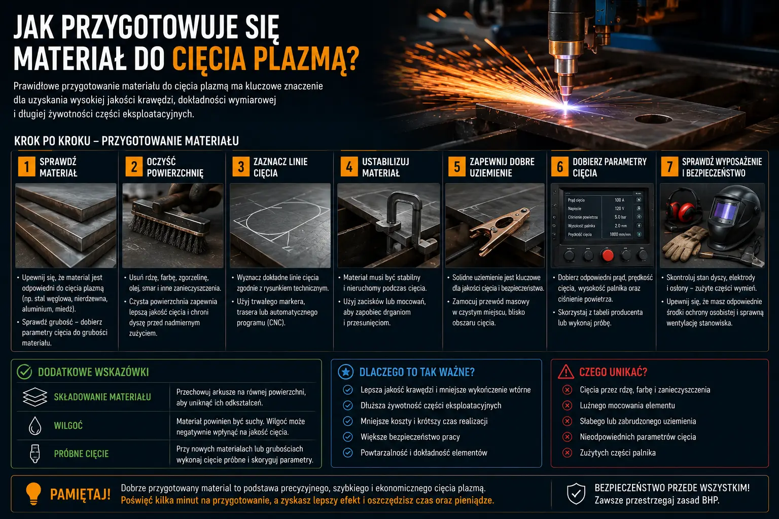 Przygotowanie materiału do cięcia plazmą: czyszczenie, mocowanie i próba