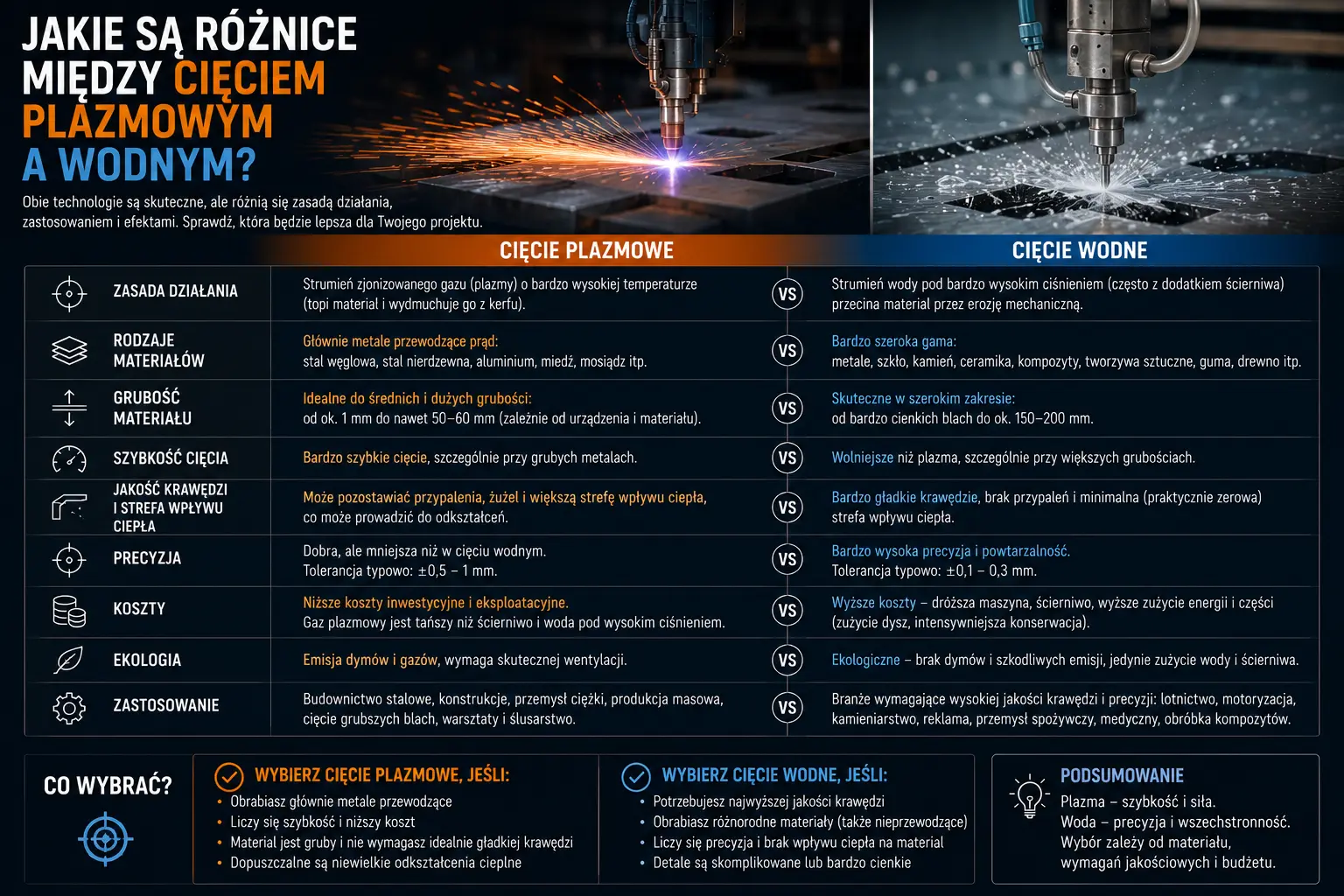 Plazma czy waterjet? Porównanie kosztu, krawędzi i zastosowań