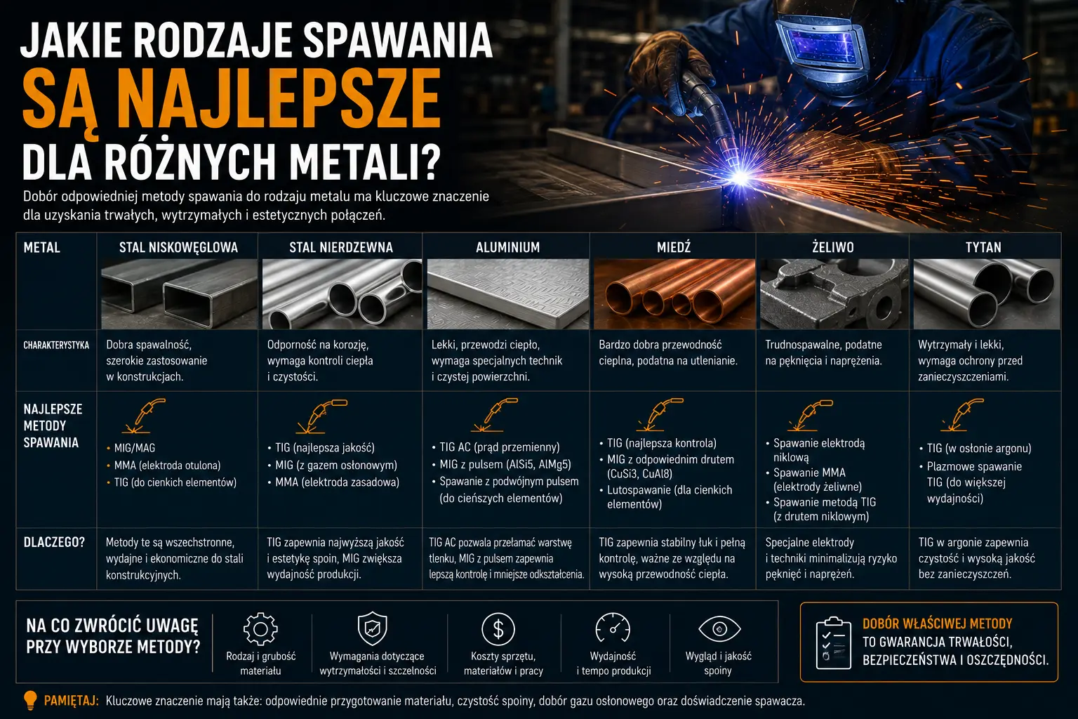 MIG/MAG, TIG czy MMA? Jak dobrać metodę spawania do metalu
