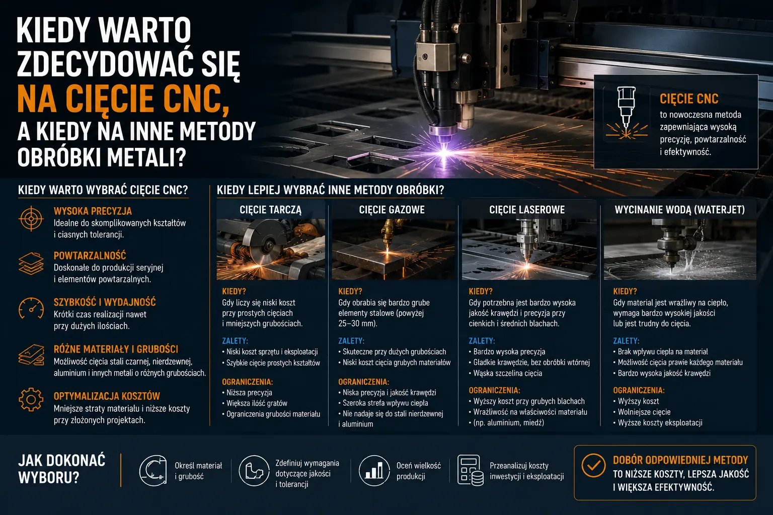 Kiedy wybrać cięcie CNC, laser, plazmę, wodę albo palnik